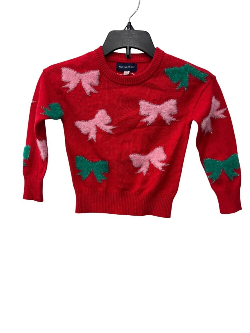 New Andy & Evan Toddler Girls Size 2T Red Sweater W/ Pink & Green Bow Appliqués